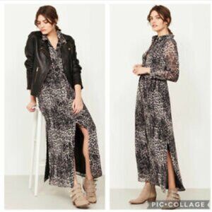 Mint Velvet Animal/Leopard/Cheetah Long Sleeve Button Down Maxi Dress Women's 16